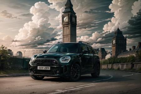 <lora:mncpr-000006:0.8> mncpr red body with black roof, in london, wide-angle, masterpiece, award winning, parked on a road, buildings in background, big ben, natural lighting, cloudy skies, urban, sharp focus, smooth, intricate details, 8k wallpaper, trending on artstation