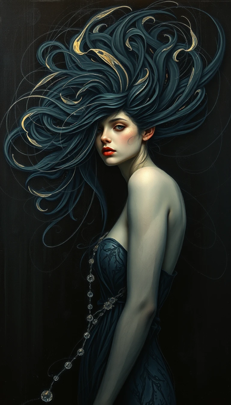 by Edwin Austin Abbey,realism,Oil painting, An abstract, dreamlike body, of a young hair queen  with a mesmerizing Turing Patterns background, where the black color creates an illusion of depth, producing a parallax effect that draws the viewer's eye in, as if the subject is emerging from a vortex of swirling, dark, and mysterious patterns, her face a blend of soft, ethereal features and sharp, geometric lines, with a three-quarter view that invites the viewer to step into her world, where the boundaries between reality and abstraction blur.
