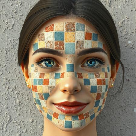 Up-close digital illustration of a woman's stylized face composed completely+++ of colorful mosaic+++ tiles, rendered from a portrait camera angle. The subject's blue+++ eyes+++ gaze directly at the viewer, with a subtle smile and slightly parted lips. Her neat, tidy hairdo frames her tranquil expression. A textured chipped and peeling stucco+++ wall with muted hues serves as the background, imbuing the scene with serenity. Grey, blue, orange, and white tiles blend together, creating a sense of depth and dimension to her face composed completely of colored mosaic tiles.