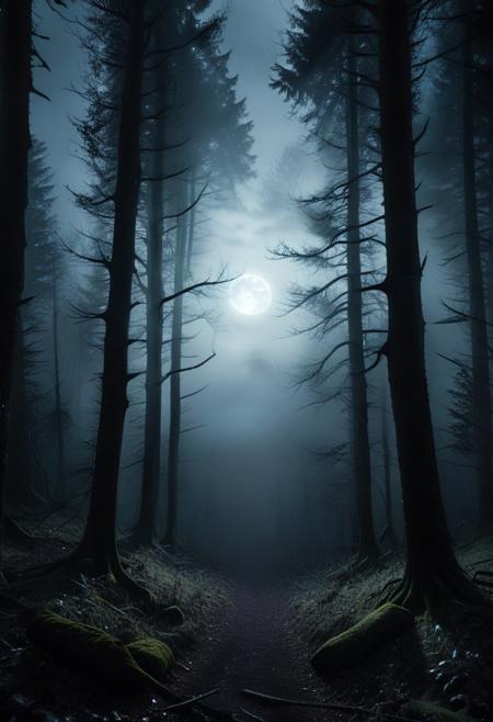 score_9, score_8_up, score_7_up, score_6_up, score_5_up, score_4_up, (absurdres, best quality, masterpiece:1.4), illustration, photorealistic, cinematic lighting, dynamic angle, perfect composition, darkness, dark forest, thick mist, shadowy trees, eerie atmosphere, glowing eyes in the dark, moonlight breaking through, cold winds, silent, foreboding