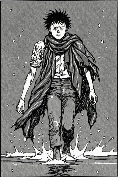 a black and white comic book illustration of a  man walking through the water with a ragged scarf , style akirabw <lora:Akira_BW_Comic_Style_XL:1>