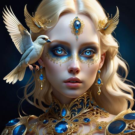 A hyper-realistic, fantasy portrait of a young woman with pale skin, platinum blonde hair and striking blue eyes, featuring intricate golden filigree designs and delicate jewels adorning her face like a mask. Her expression is serene and mysterious, with soft light illuminating her features. A beautifully detailed bird, similar to a waxwing, perches gracefully on her finger, matching the golden and jewel tones of her facial adornments. The overall composition is ethereal and ornate, with a soft focus that enhances the dreamlike atmosphere.