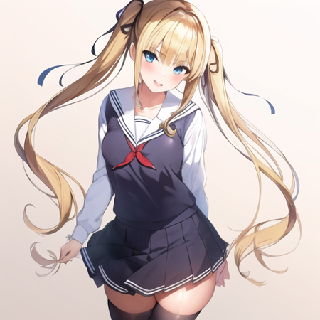 masterpiece, best quality, 1girl, blonde hair, twintails, hair ribbon, school uniform, black thighhighs, sawamura spencer eriri, <lora:qqq-sawamura_spencer_eriri-v1:0.7>