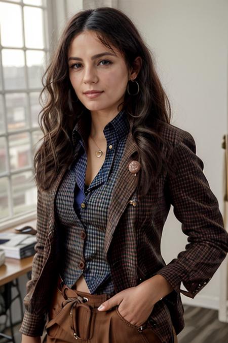 <lora:Monica1873Bar:0.9> a woman, m1873b, solo, wearing blouse, waistcoat,. jacket, trousers, in an office, wavy hair,
