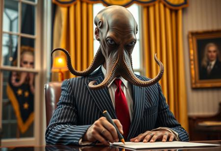 president cthulu in a sharp pin striped suit posing for presidential portrait in the oval office, real photograph, signing bill, empty eyes, lovecraftian, vote for cthulu photorealistic, correct hands