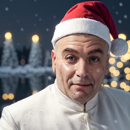 (((a man wearing a sant clause hat, full body, christmas lights, snow in background)))<lora:DrEvilLoRA:0.8>drevil bald with scar on his right cheek, grey coat, high detail skin, high detail eyes, high detail hair, highres, ultra detailed, detailed pores, imperfect skin, detailed reflective shiny skin, diffused skin pores,sharpen picture, Highly detailed, masterpiece, best quality, photorealistic, clean shaven