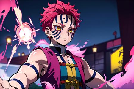 (best quality, high quality:1.4), masterpiece, super fine illustration, absurdres, ultra-detailed, ultra detailed background, highres, solo, 1boy, male focus, tattoo, red hair, colored skin, pink hair, yellow eyes, short hair, facial mark, <lora:akaza kimetsu:0.6>, akaza kimetsu