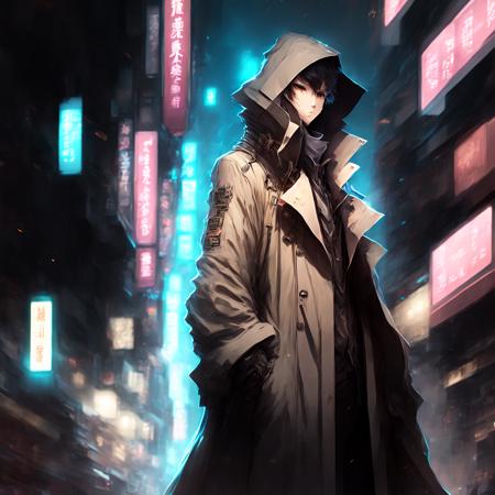 anime, Cyber Hacker Man standing, wearing Trenchcoat in the Streets of Hong Kong (CyberHacker style:1)  <lora:djzCyberHacker:0.8>