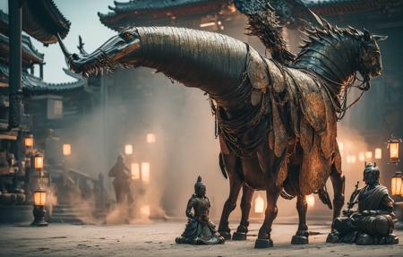 The horse Wear armor,(outside:2),solo,weirdness chinese,flame,soft light,(Full-body photo),lantern,(smoke),(Chinese architecture),sword,wallpaper,  beautiful studio soft light, rim light,
Ultra-high quality, (Masterpiece, best quality, complex details: 1.2),Weird atmosphere,build,Buddha statue