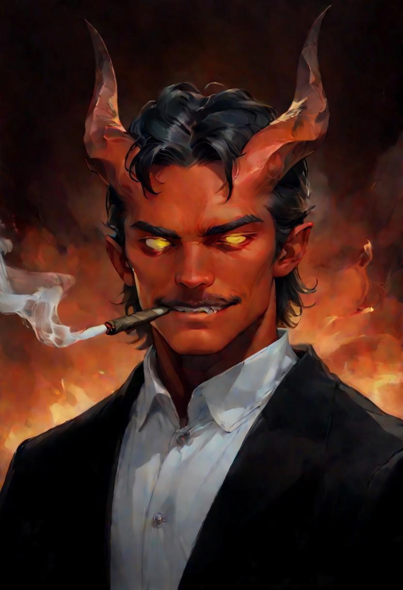 score_9, score_8_up, score_7_up, male tiefling, 1boy, black hair, thin mustache, slicked back hair, short hair, large horns, goat, yellow eyes, demon horns, red skin, black coat with gold details, white shirt, mature male, smoking cigar, hell background, fire background, fantasy art, sfw, dark theme, low light, solo, devil, grin, glowing eyes