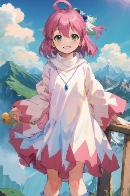 shiroma, green eyes, short hair, pink hair, ahoge, hair ornament, necklace, white dress, smile, standing, mountain <lora:shiroma:1>