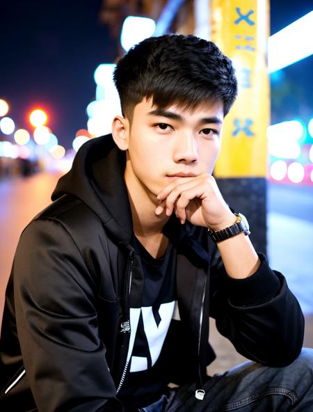 RAW photo, a young man <lora:CC_v1.1:0.8> sitting by a street at night, (high detailed skin:1.2), 8k uhd, dslr, soft lighting, high quality