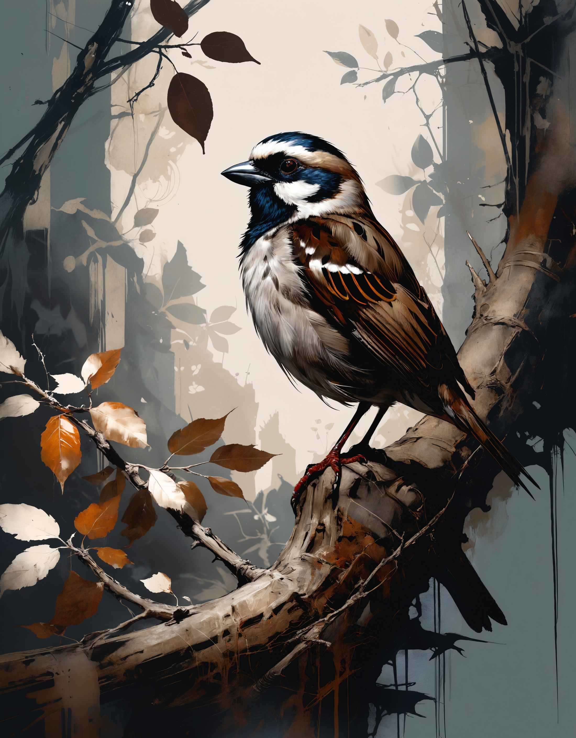 Sparrow in a treetop. Rococo pattern. in a hyperdetailed approach akin to the works of Russ Mills, Alan Lee and Eric Canet...