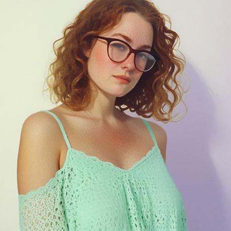 A vibrant abstract dario painting of a young woman with shoulder-length, curly, reddish-brown hair is the central subject.  She appears to be of European descent, and is in her late teens or early twenties. Her expression is thoughtful, looking downward slightly.  She is wearing a mint-green, lacy top with a high, lace-trimmed neckline.  Gold-rimmed eyeglasses are held in her hands. Her skin has freckles, and her lips are a deep reddish-brown. She has a medium build. She is positioned slightly off-center to the left side of the frame.  The woman is looking downward at the glasses, which are in front of her face.  The background is a light, off-white, interior room setting, featuring soft, diffused lighting.  The lighting is flattering, highlighting the features and folds of her clothing. The colors are muted, pale, and pastel tones with a focus on a mint-green color.  The overall style of the image is portraiture, and the atmosphere is calm and thoughtful.  The composition is a close-up portrait, focused on the subject's expression and interaction with the glasses.