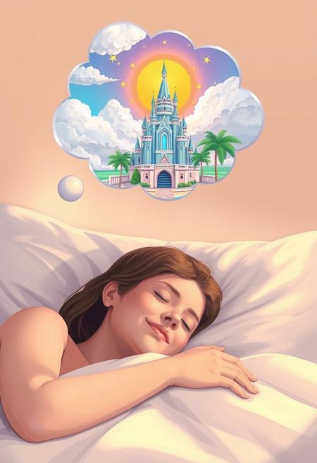 "Serene scene of a person sleeping peacefully in their bed, surrounded by soft, warm light and gentle shadows. Above their head, a thought bubble floats, filled with a vibrant, whimsical dreamscape. In the dream, the person is standing on a sun-kissed beach, surrounded by fluffy clouds, towering palm trees, and a rainbow-colored sea. A majestic castle made of crystal and seashells rises in the distance, with a pathway of glittering stars leading to its gates. The dreamer's face is relaxed and content, a gentle smile on their lips as they bask in the joy and wonder of their subconscious creation. Style: soft, dreamy, and idyllic, with a focus on capturing the peacefulness and magic of the dreamer's slumber."
