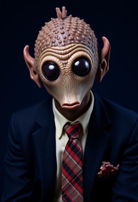 ​A studio shot hyper-realistic portrait of a Rodian alien. He is sat in a dark blue tweed country jacket, cream shirt and tartan tie against a dark blue backdrop. He looks directly toward the camera. Professional studio portrait photography with classic portrait lighting and shallow depth of field against a seamless backdrop.