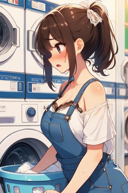 laundromat washing machine laundry basket putting clothes strap lace clothing sleepy foaming