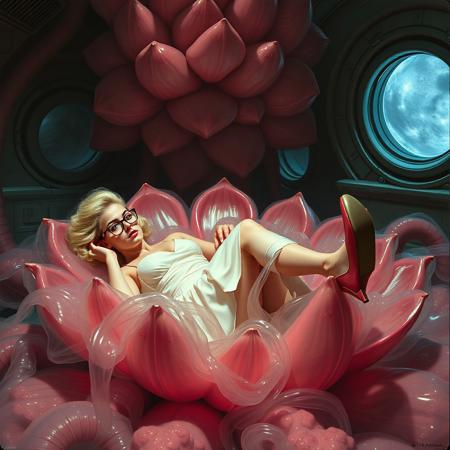Terrified blonde damsel, clad in a  1950s long delicate silk slip, her glasses askew,  laying in center of giant carnivorous flower monster, ensnared in thin crystal slime veils, struggling to break free, entangled in thin slimy tentacles, surrounded by  glossy  transparent petals reflecting the faint glow of the weird alien laboratory. Glossy fluffy  high heels a stark contrast to her distress, while transparent nectar   mass covering her encasing in jelatinious mass . the walls appear to be alive, covered in a pulsing, iridescent slime, while giant observation portholes gaze in like empty eyes, as if the very darkness of space itself is watching this horrific scene unfold. Inspired by the dark, industrial sci-fi of H.R. Giger, the eerie, atmospheric lighting of Zdzisław Beksiński, and the surreal, biomechanical nightmares of Francis Bacon.