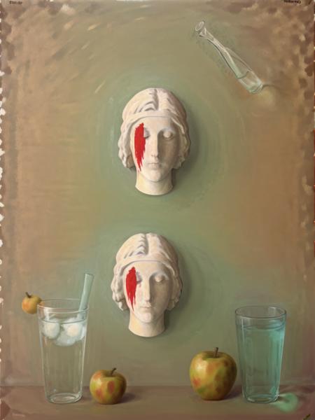 <lora:lora_ReneMagritte:1>a painting of a woman's head with a bloody face next to an apple and a glass of water