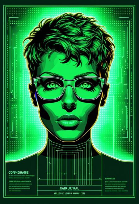 Dark, masterpiece, illustration, highly detailed, synthwave album cover, energetic, retro futuristic screen with a configurator to configure the perfect woman, pixel art wireframe woman with glowing green pixels against dark green background, woman has short pixie hairstyle and glasses, user interface with sliders and knobs