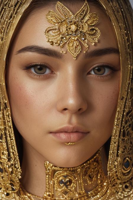 a superb woman's face made entirely of gold, high detail, hard shadows