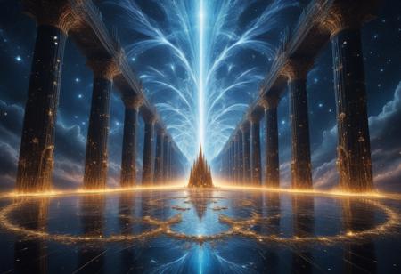 A vast temple suspended in a void where time flows in every direction. The pillars are formed from frozen lightning, crackling softly with golden energy, while the floor is woven from strands of pure stardust. Gigantic quantum butterflies, their wings made of fragmented galaxies, flutter in slow motion, leaving behind trails of shimmering constellations. Petals of crystallized time drift lazily through the air, each one showing a brief vision of an alternate reality before vanishing. The walls pulse like liquid obsidian, revealing glimpses of futures that may never come to pass.