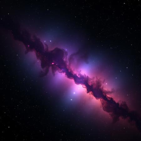 photorealistic dark translucent cosmic nebula in hues of black, blue, purple, and orange, and with 6 diffraction lines on stars