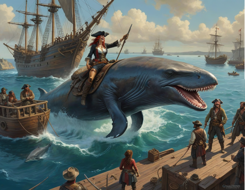 A female pirate captain riding a whale in the harbor, art by james ...