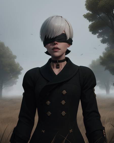 Yorha,  white hair,black blindfold,short hair,black choker,lips,flat chest,
standing,upper body,serious,black gloves, 
long sleeves,black jacket,buttons,
deserted school yard,fog,grass,
(insanely detailed, masterpiece, best quality),<lora:Yorha9s-10Nv9:0.8>,