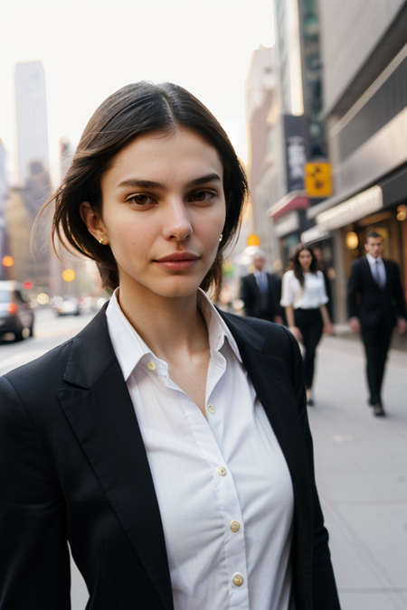 DanielaFermo, photography by (Rodney Smith:1.3), ((upper body focus, shoulders)), modelshoot, pose, (business suit, black jacket, white blouse, facing viewer, busy Manhattan sidewalk, looking at viewer, blurry background, bokeh, ID photo:1.3), serious look