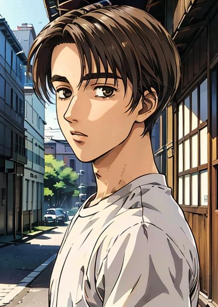 <lora:takumifujiwara:0.6> takumi_fujiwara, 1boy, solo, brown hair, shirt, looking at viewer,, (masterpiece, best quality:1.2), award winning, masterpiece, vibrant, volumetric lighting