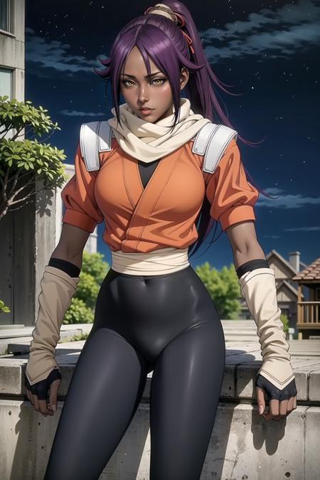 dark lighting, night, orange shirt, shihouin yoruichi, 1girl, solo, dark skinned female, skinny, dark skin, ponytail long hair, parted bangs, purple hair, yellow eyes, black leggings, scarf, gloves, leg warmers, shoulder straps, <lora:xxxxxv4-000006:.7>,  <lora:opeLoRAv6.3:.6>