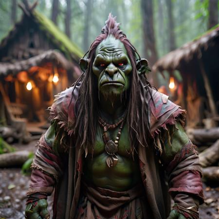 highly detailed portrait photo of a (ogre shaman):1.2  in a primitive camp in the forest.

ogre shaman, solo, long hair, looking at viewer, red eyes, male focus, blurry, blurry background, colored skin, robe, green skin,

performing magic in a primitive forest encampment,

depth of field:1.2, blurry, blurry background,
realistic:1.3,

photorealistic,
fantasy, cinematic,
32k, best quality, 


shadow play:1.1,




