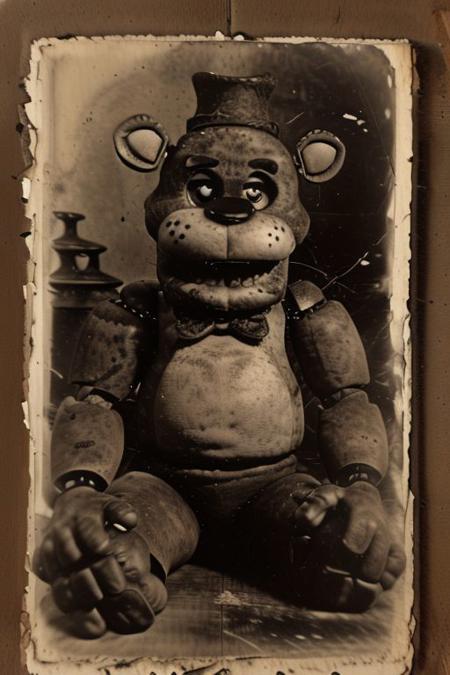 sepia old photo, damaged, early 19th century, freddy, brown fur, laying on floor, dark background