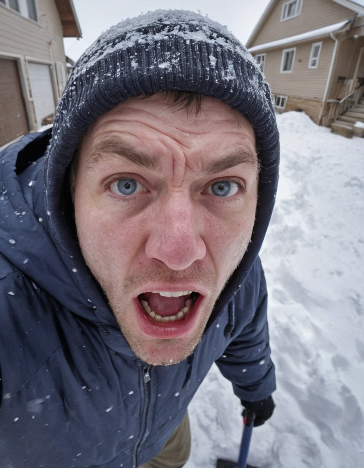 amateur close-up photo of man, angry at the snow in the driveway, driveway covered in deep snow, snow shovel on the ground...