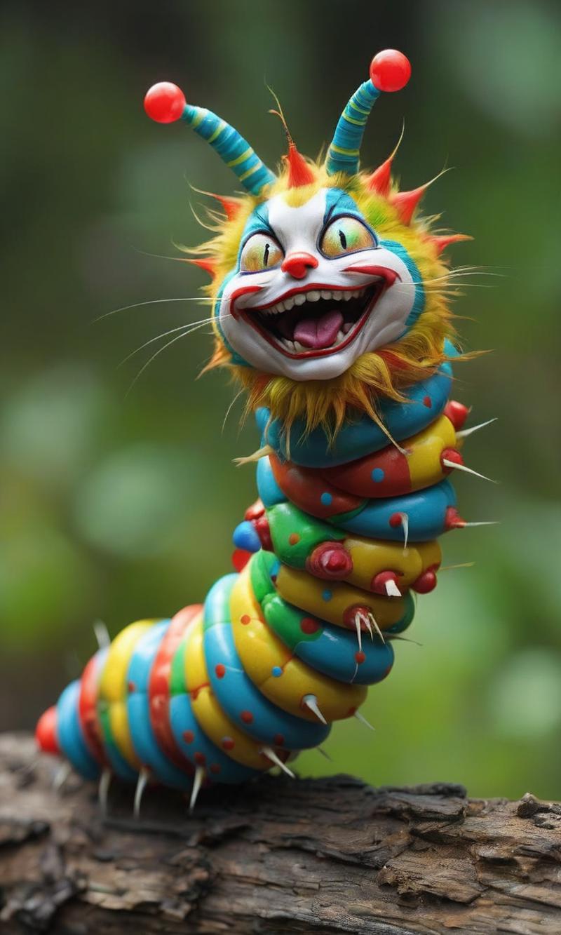 A clown nose cat with a long green body is smiling.