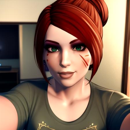 <lora:swtorgirlsrepublic:0.8> kiracarsen, 1girl, face scar on eye, red hair bun, smiling, green eyes, selfie, t shirt, loose t shirt