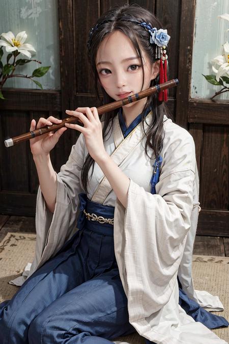 1girl, playing flute, flute, (snow),  <lora:flute_v1-000015:0.72>,  masterpiece, best quality, 8k, hanfu, sitting