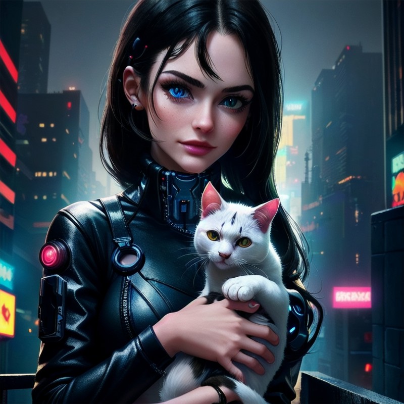 nighttime, midnight, cyberpunk city, close-up girl holding cat, perfection, beautiful, masterpiece