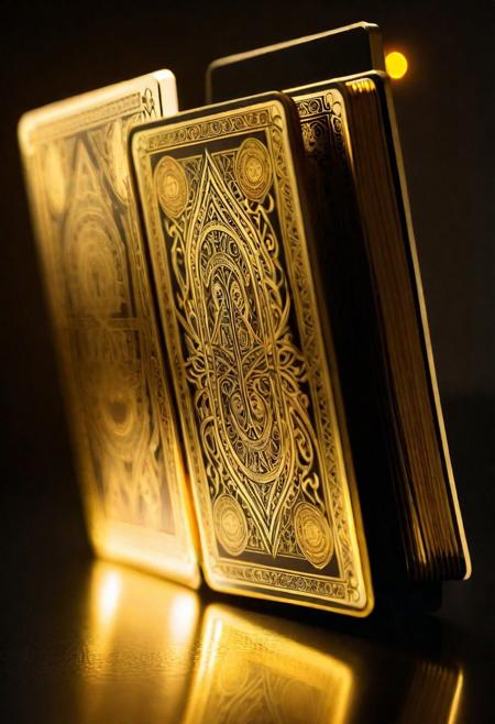 super realistic, glitter, extreme detailing, artistic look, a line of many metallic playing cards made from titanium sheets coated with gold and gold luminance, lustrous shiny,  intricate details, (floating upright in airt:1.2) on a smooth black mirror surface, reflections, volumetric lighting, 8k UHD, QHD, ultra-sharp, ultra-detailed, refraction, ray tracking, (((silhouette lighting, golden glow, royal quality, artistic touch)))