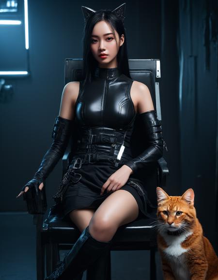 Techwear fashion a woman in a dress sitting on a chair with a dog in her lap and a cat on her lap,<lora:Waifu Style-Du Qiong-000008:0.4>,Du Qiong,waifu_1girl,illyasviel von einzbern, . Futuristic, cyberpunk, urban, tactical, sleek, dark, highly detailed
