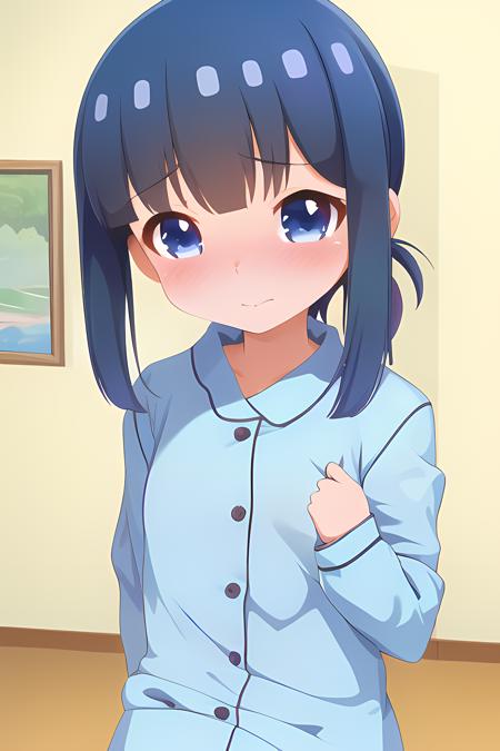 (masterpiece), (best quality:1.4, high quality:1.4), upper body, indoors, minagi hiyori, <lora:1654865019357226226:1>, 1girl, blush, closed mouth, pajamas, blue pajamas