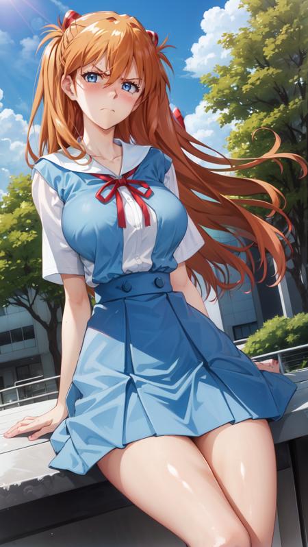 AsukaUn,  1girl,  solo,  long hair,  orange hair,  bangs,  hair between eyes,  ilooking at viewer,  closed mouth,  cowboy shot,  skirt,  ribbon,  school uniform,  short sleeves,  large breasts,  shirt,  white shirt,  tokyo-3 middle school uniform,  blush,  standing,  blue skirt,  red ribbon,  frown,  neck ribbon,  two side up,  outdoors,  clouds,  day,  sky,  trees,  school,  campus,  hourglass body,  frown,  angry face,  wide hips,  hourglass body,  blue eyes,  sitting,<lora:EMS-270854-EMS:0.800000>