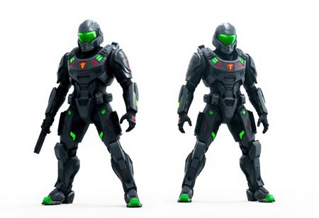 Sci-fi Gadget Soldier in high-tech combat armor, gray with striking green accents and black limbs, red & yellow chest emblem, helmet with green visor, standing ready, arms outstretched, legs slightly spread. Minimal white void background, poised in anticipation. Dynamic pose, cinematic volumetric lighting, Octane Render, Unreal Engine 5, CGSociety, trending on ArtstationHQ. Ultra-detailed, sharp focus, high quality, 4k, impeccable composition, creative angle, golden ratio.