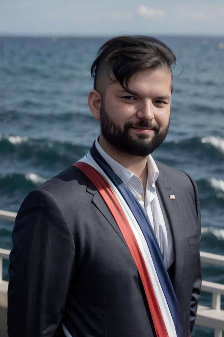 a portrait of a man gabriel boric in front of the ocean, 1boy,solo, beard, male focus, solo,mohawk, facial hair, shirt, formal, (presidential sash:1.2), upper body,portrait, jacket, suit, black hair, white shirt, short hair, smile, looking at viewer, mustache, collared shirt, ocean, black jacket,(arms behind), outdoors, arms behind back, realistic, water, closed mouth, day, black suit, thick eyebrows, buttons, (shot on Fujifilm Superia 400, Short Light, 32k,cinematic composition, professional color grading, film grain, atmosphere) <lora:boric_v1:1>