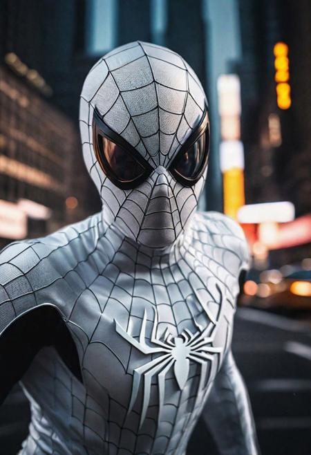 (Portrait face Solo Dominique McElligott flying in new york , photograph ,pale beautiful photo, ultra detailed white spiderman suit , night time, cinematic composition,  cinematic filtering , mask take in hand:1.4)