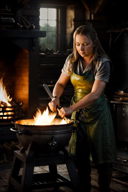 KatjaStudt in a forge, forging a sword, hot metal, fire, smoke, warm light,
cinematic, vibrant, photo realistic, realistic, sharp focus, 8k, highly detailed,
<lora:KatjaStudt:1.0>