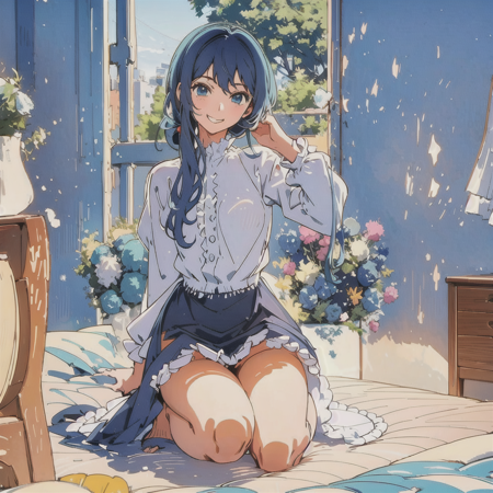 masterpiece, sidelighting,  masterpiece*portrait, lustrous skin, ((1girl, solo)), best background detail,stare,  bed room, tsundere, arousing,lewd, akane,front , ((light smile, happy)),  long hair, looking at viewer, smile, bangs, blue eyes,  shirt, blue hair, white shirt, sidelocks, frills, side ponytail, ((full body)),  kneel