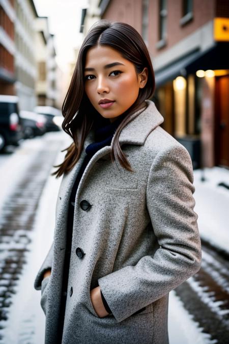 JessicaGomes professional portrait photograph of in winter clothing with short hair, freckles, beautiful symmetrical face, cute natural makeup, wearing elegant winter fashion clothing, ((standing outside in snowy city street)), stunning modern urban upscale environment, ultra realistic, concept art, elegant, highly detailed, intricate, sharp focus, depth of field, f/1. 8, 85mm, medium shot, mid shot, (centered image composition), (professionally color graded), ((bright soft diffused light)), volumetric fog, trending on instagram, trending on tumblr, hdr 4k, 8k<lora:JessicaGomes:1.0>