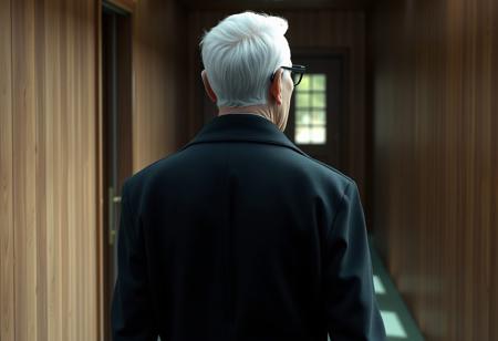 A highly detailed, realistic 3D digital illustration style, view of the back of an old writer exiting his home, going outside. He's wearing black trenchcoat. The writer's short white hair is combed back, slightly receding hairline. From the side are visible his short white sideburns,  his chiseled, narrow face with a strong jawline and prominent cheekbones, and his black round glasses. The walls of his hallway are covered in wood, the concrete painted light green.